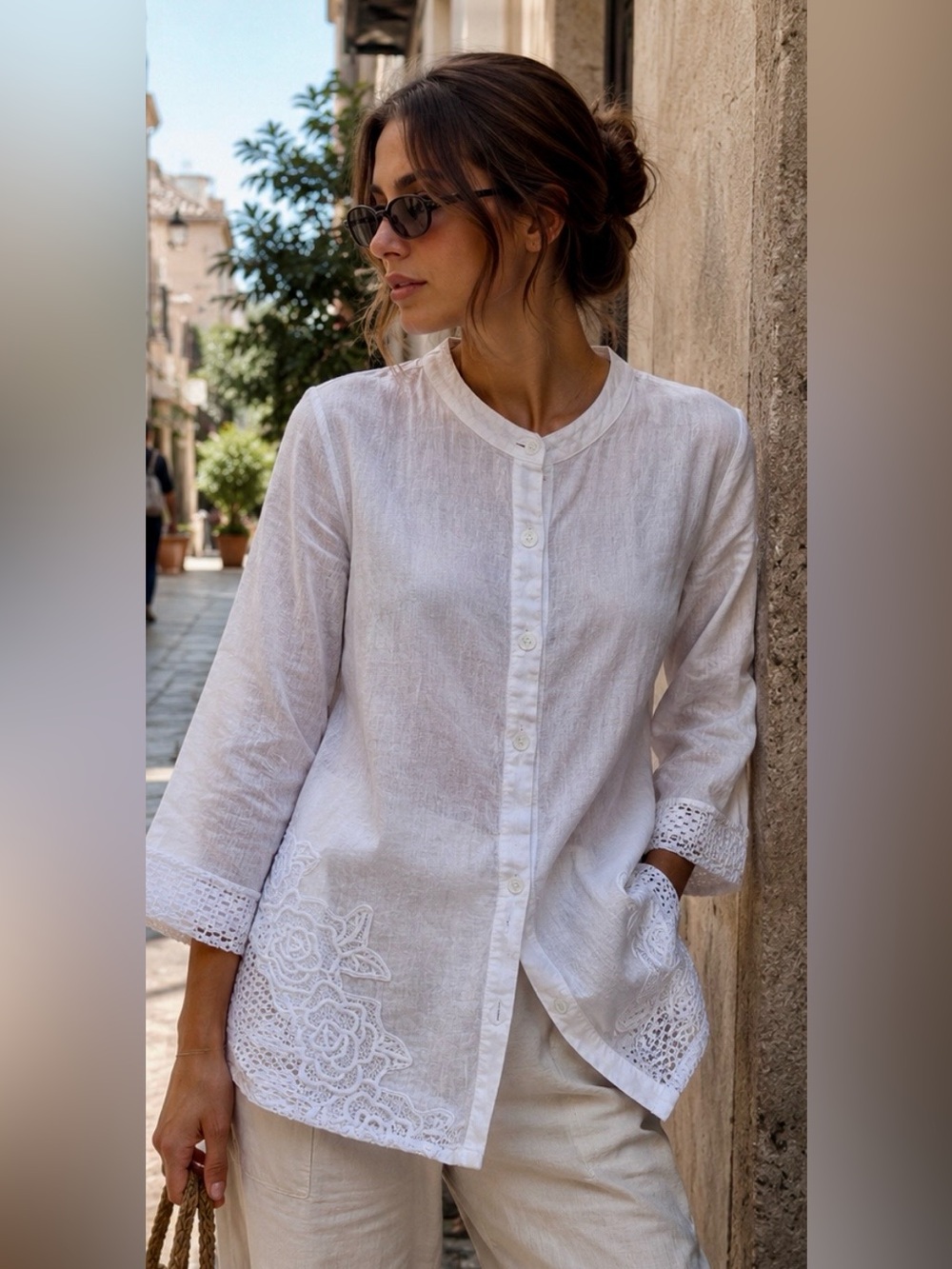 Sea & Vine White Ramie Blend Embroidered Button-Up Blouse Y2K – Size L